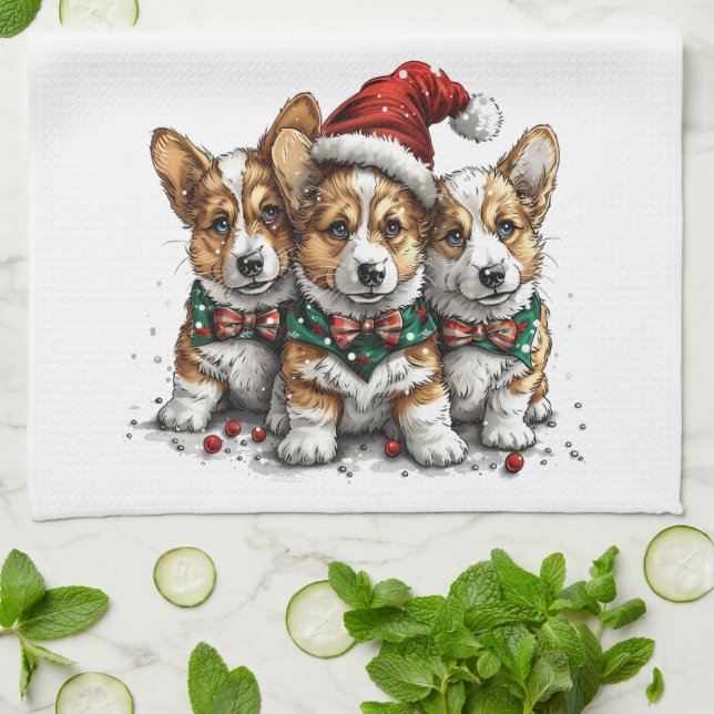 Linge De Cuisine Joyeux Noël Pembroke Welsh Corgi Puppies (Plié)