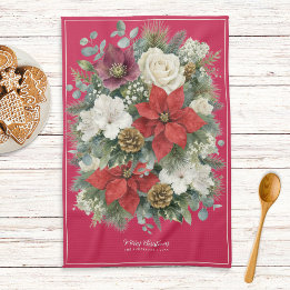Linge De Cuisine Joyeux Noël personnalisé aquarelle florale rouge