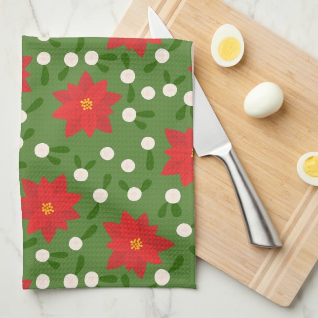 Linge De Cuisine Joyeux Noël Poinsettia Motif Pois (Quart Plié)