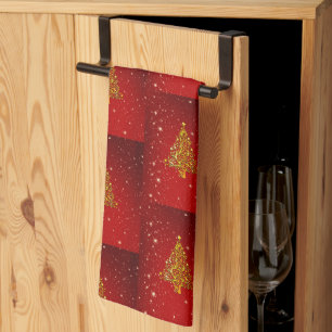 Linge De Cuisine Joyeux Noël Red Gold Tree étoiles