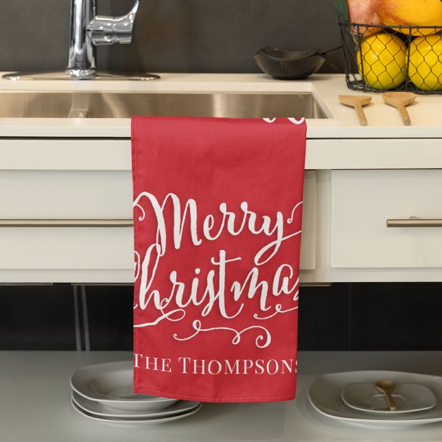 Linge De Cuisine Joyeux Noël rouge Script personnalisé (Merry Christmas red and white custom kitchen towel. )
