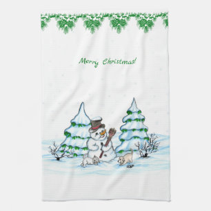 Linge De Cuisine Joyeux Noël ! Snowman avec chat et chiot