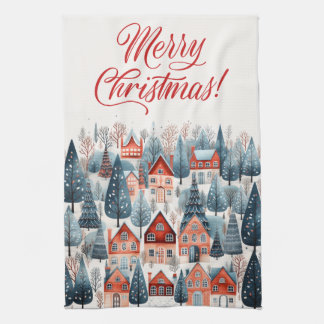 Linge De Cuisine Joyeux Noël Village d'Hiver Rouge
