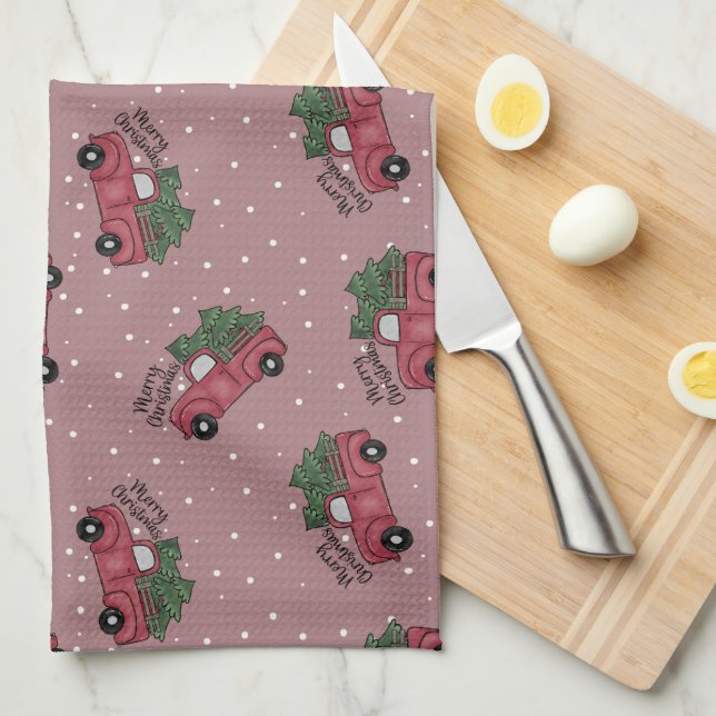 Linge De Cuisine Joyeux Noël Vintage Camion rouge (Quart Plié)