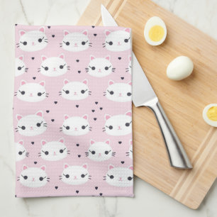 Linge De Cuisine Kawaii Chat Blanc visage Motif sur rose