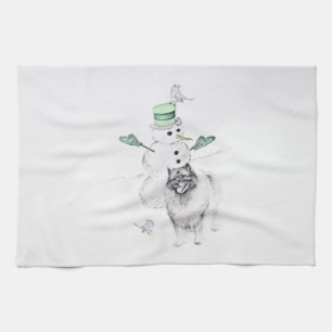 Linge De Cuisine Keeshond Christmas Snowman Painting Dog Art