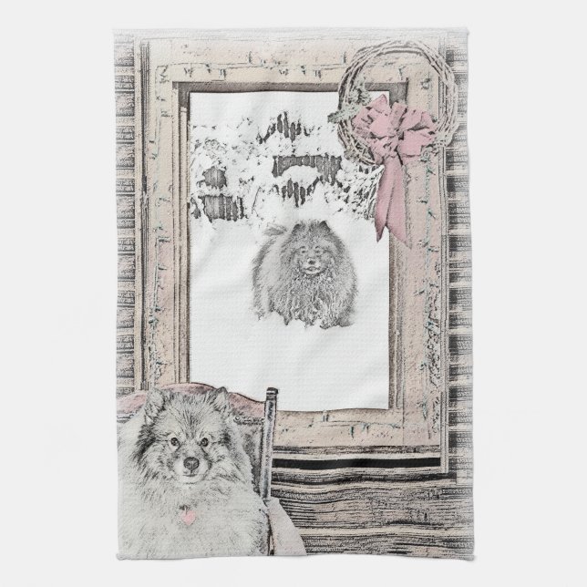 Linge De Cuisine Keeshond Noël hiver fenêtre Peinture Chien Art (Vertical)