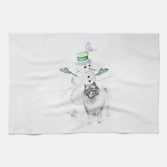 Linge De Cuisine Keeshoned Christmas Snowman Peinture Dog Art (Horizontal)