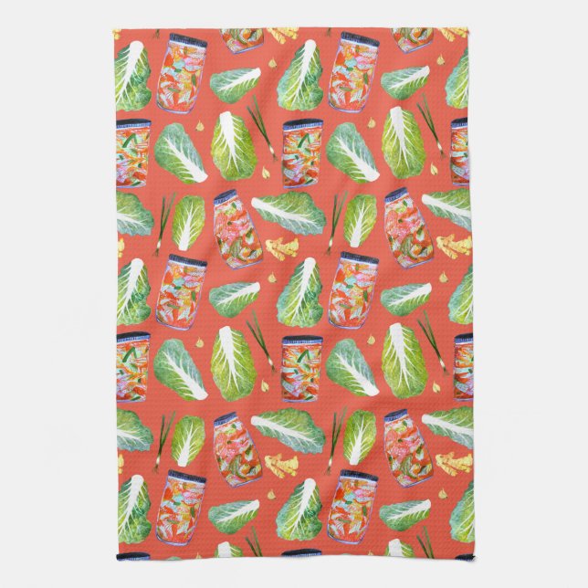 Linge De Cuisine Kimchi Ingrédients Fermentation épicée Aquarelle (Vertical)