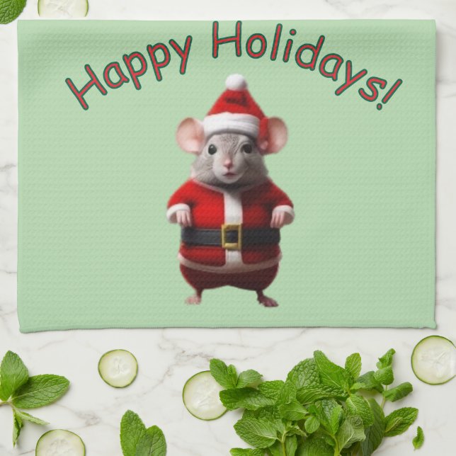 Linge De Cuisine Kitchen Towel - Santa Mouse and Text (Plié)