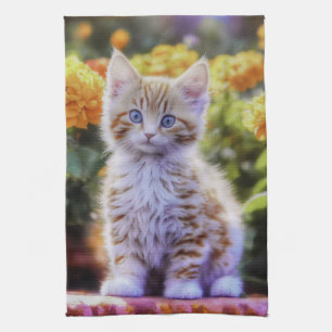 Linge De Cuisine Kitten au gingembre dans un jardin fleuri