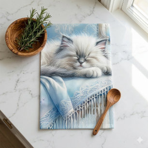 Linge De Cuisine Kitten Endormi Rêve Campagnard Bleu Cottagecore