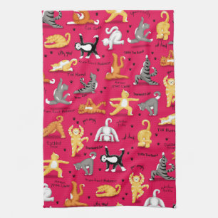 Linge De Cuisine Kitty Chat Yoga Poses Coloré Rouge Jaune Whimsy