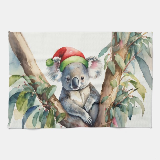Linge De Cuisine Koala Santa Hat assis dans un arbre à gosses (Horizontal)