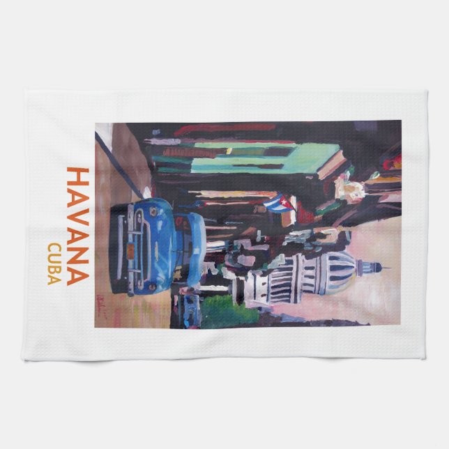 Linge De Cuisine La Havane au Cuba - EL Capitolo avec l'oldtimer (Horizontal)
