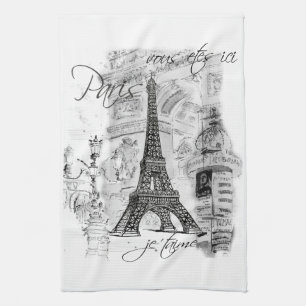 Linge De Cuisine La Tour Eiffel en noir et blanc