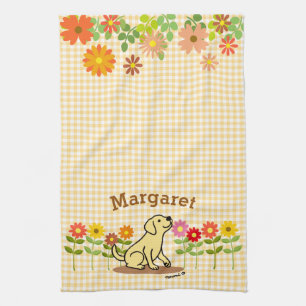 Linge De Cuisine Labrador jaune personnalisé et beaucoup de fleurs