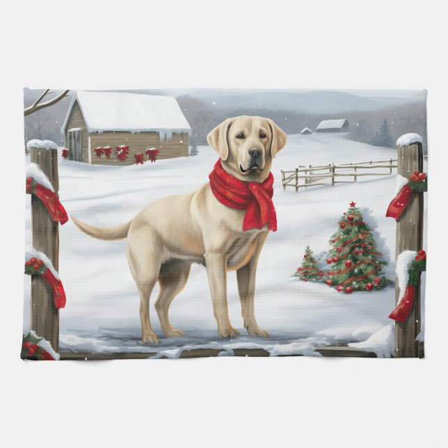 Linge De Cuisine Labrador Retriever Dog in Snow Christmas (Horizontal)