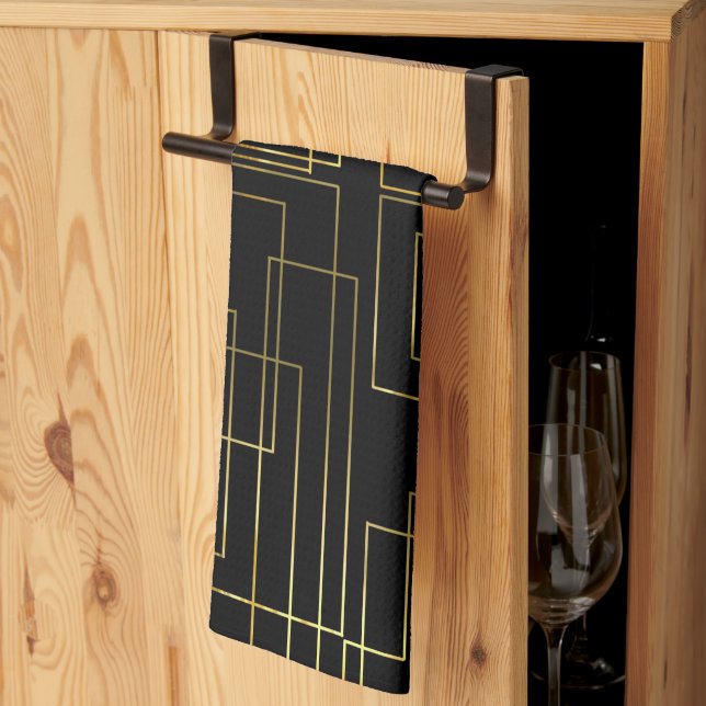 Linge De Cuisine Labyrinthe d'or Faux géométrique moderne en noir (Pliage en tiers)