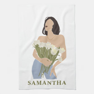 Linge De Cuisine Lady Tenant Bouquet De Fleurs Vert Art Abstrait