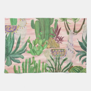 Linge De Cuisine Lamas aquarelle et motif cactus.