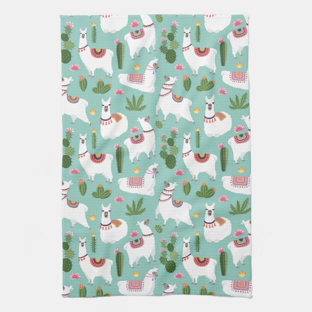 Linge De Cuisine Lamas mignons sur le motif turquoise (Vertical)