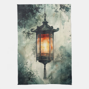 Linge De Cuisine Lanterne éclairée par la lune Sumi-E Aquarelle (3)