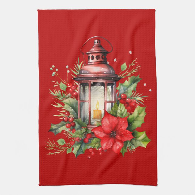 Linge De Cuisine Lanterne rouge de Noël Poinsettia et pin (Vertical)
