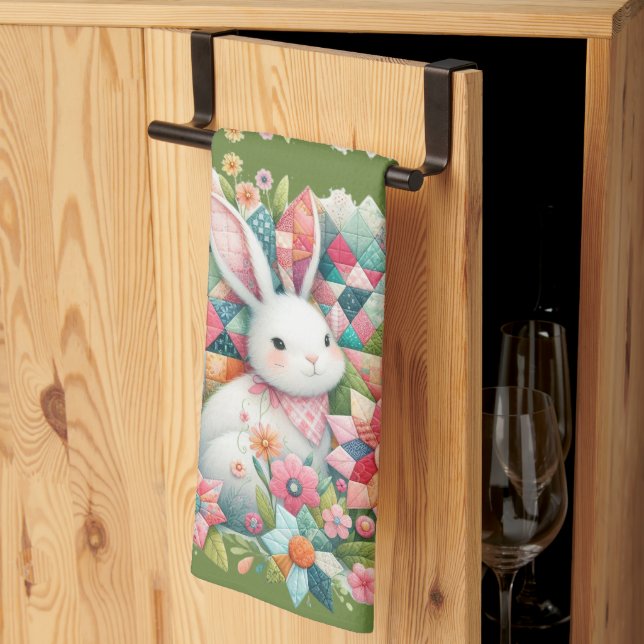 Linge De Cuisine Lapin avec courtepointe et fleurs (Pliage en tiers)