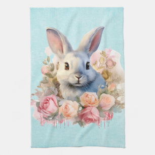 Linge De Cuisine Lapin avec une guirlande de roses Mignon