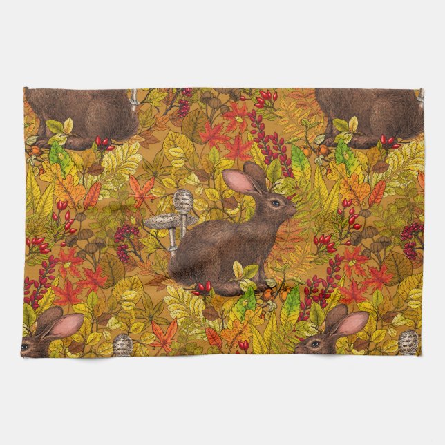 Linge De Cuisine Lapin d'automne sur ocre (Horizontal)