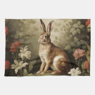 Linge De Cuisine Lapin de forêt vintage dans une forêt florale