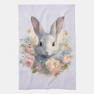 Linge De Cuisine Lapin entouré de fleurs pastel Mignon