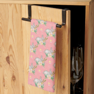 Linge De Cuisine Lapin Vintage Fleurs de Printemps Pêche Pâle Pâque