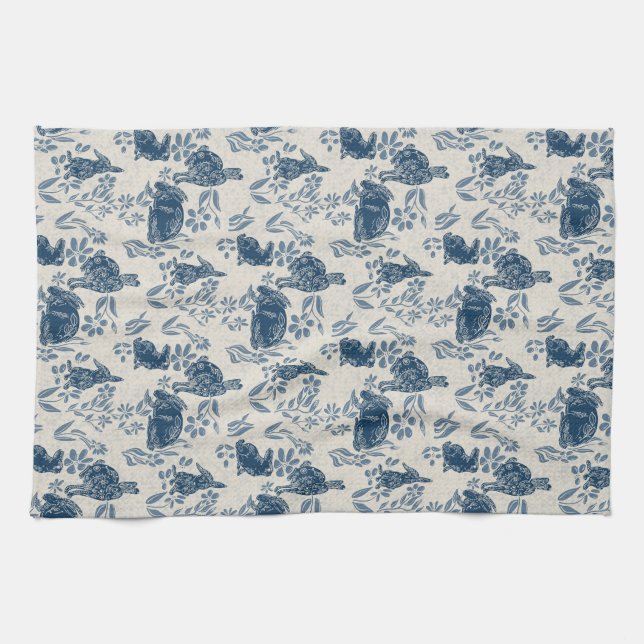 Linge De Cuisine Lapins dans mes Fleurs —Toile de Jouy (Horizontal)