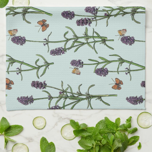 Linge De Cuisine Lavande et papillons sur verre de mer (Plié)