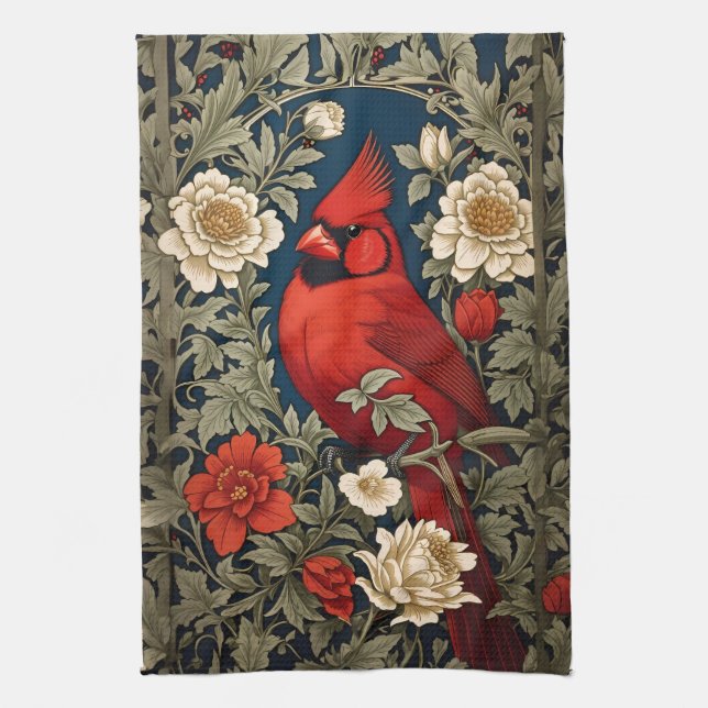 Linge De Cuisine Le Cardinal du Nord Floral William Morris Inspiré (Vertical)