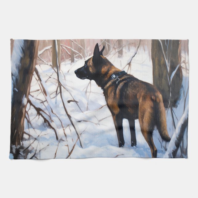 Linge De Cuisine Le Malinois Belge Laisser Neige Noël (Horizontal)