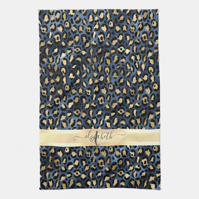 Linge De Cuisine Léopard Motif bleu or Monogramme (Vertical)