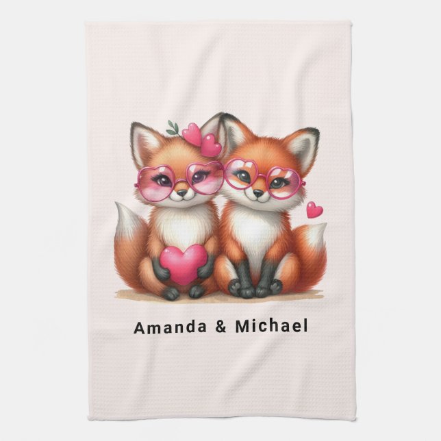 Linge De Cuisine Les mignons renards orange en amour (Vertical)