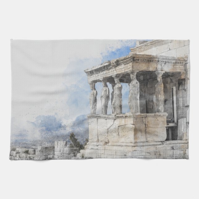 Linge De Cuisine Les ruines des sites antiques aquarelles à Athènes (Horizontal)
