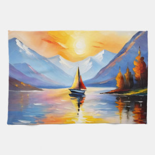Linge De Cuisine Lever de soleil sur un lac et des montagnes enneig