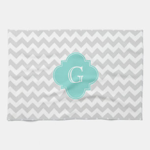 Linge De Cuisine Light Gray White Chevron Aqua Quatrefoil monogram