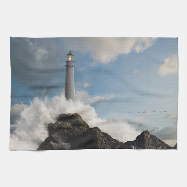 Linge De Cuisine Lighthouses | Lighthouse with Crashing Waves (Horizontal)