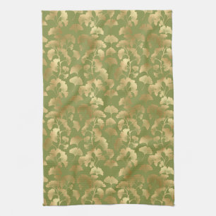 Linge De Cuisine Ligne dorée feuilles de ginkgo émeraude botanique