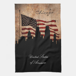 Linge De Cuisine Ligne Skyline de Chicago, Drapeau Russe Américain