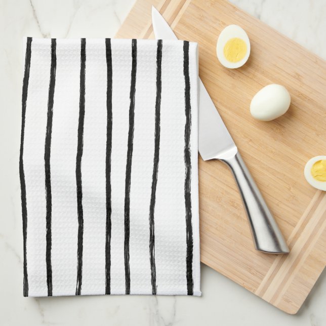 Linge De Cuisine Lignes Encre Chic Main Tirée Bandes Noir & Blanc (Quart Plié)