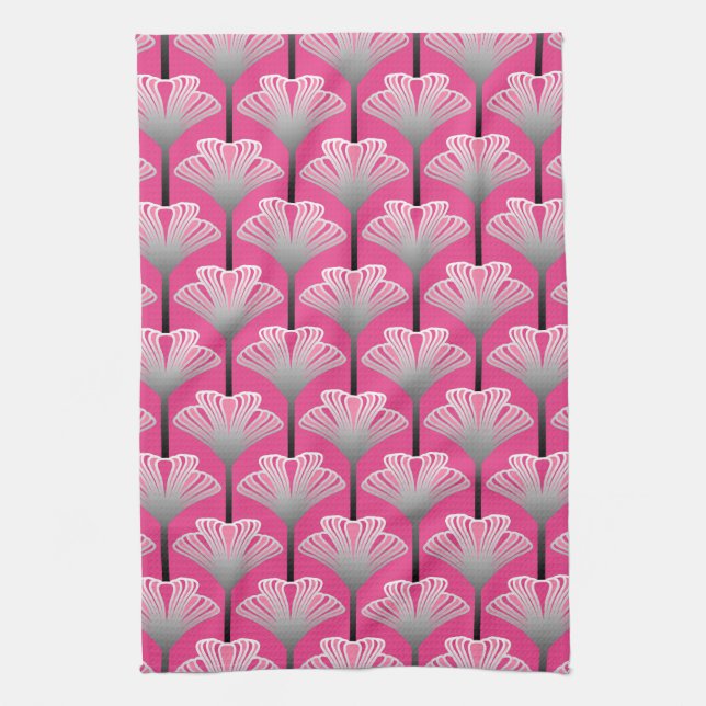 Linge De Cuisine Lis d'art déco, gris rose et argenté fuchsia (Vertical)