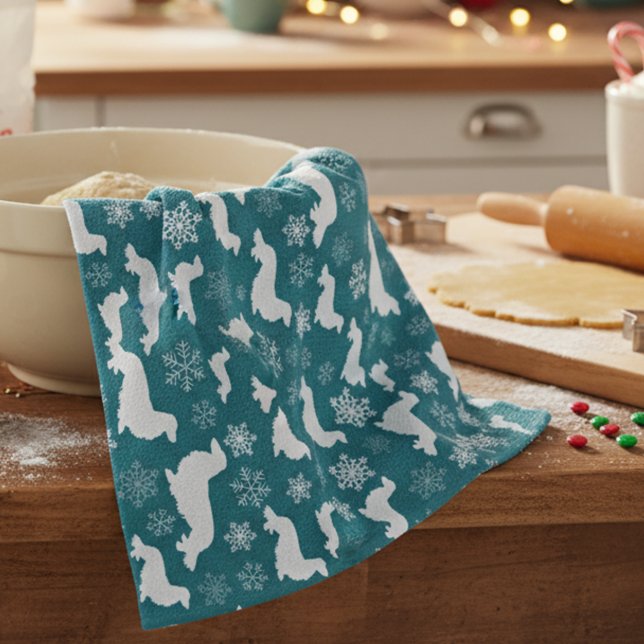 Linge De Cuisine Longue Cheveux Dachshund cadeau de Noël Turquoise (Long hair dachshund - blue Christmas dish towel - hostess or white elephant gift for wiener dog moms)