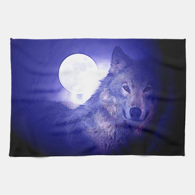 Linge De Cuisine Loup, Lune et Nuit Bleue (Horizontal)